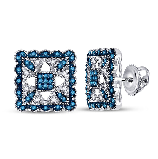 10kt White Gold Womens Round Blue Color Enhanced Diamond Square Cluster Earrings 1/4 Cttw