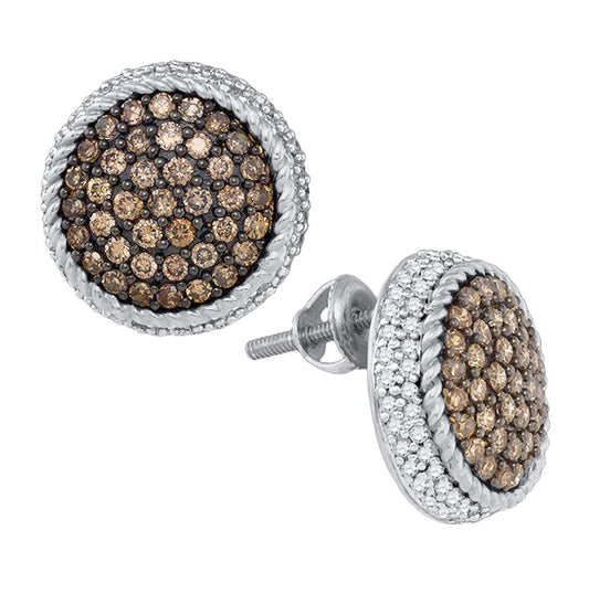 10kt White Gold Womens Round Brown Diamond Roped Cluster Screwback Earrings 1-1/3 Cttw