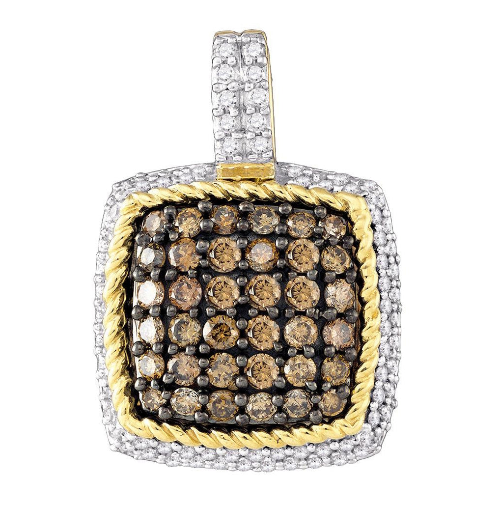 10kt Yellow Gold Womens Round Brown Diamond Square Cluster Pendant 3/4 Cttw
