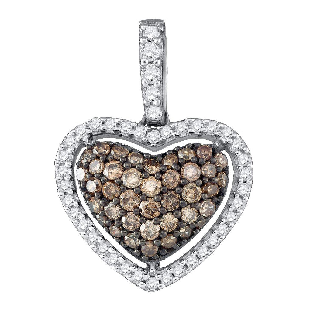 10K White Gold Womens Round Brown Diamond Heart Pendant 1/2 Cttw, Length: 0.71 In, Width: 0.51 In