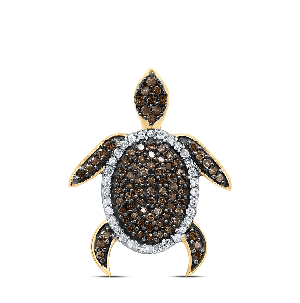10K Yellow Gold Womens Round Brown Diamond Sea Turtle Animal Pendant 3/8 Cttw, Length: 0.85 In, Width: 0.67 In