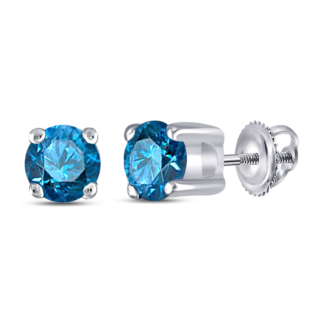 10K White Gold Womens Round Blue Color Enhanced Diamond Solitaire Stud Earrings 1/4 Cttw