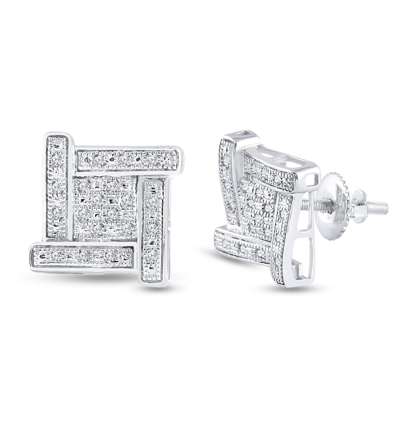 Sterling Silver Round Diamond Square Earrings 1/8 Cttw