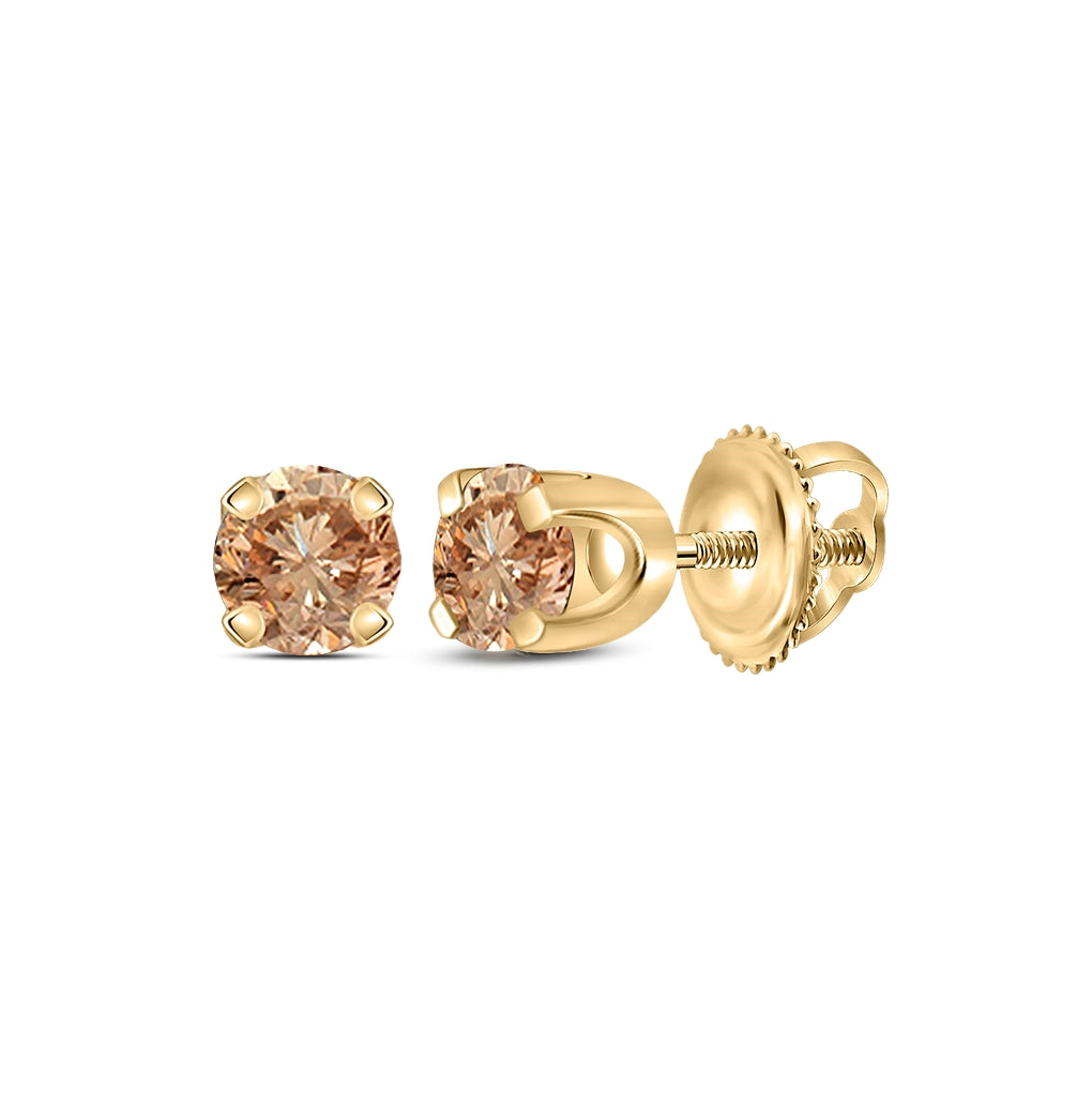 10K Yellow Gold Womens Round Brown Diamond Solitaire Stud Earrings 1/4 Cttw, Length: 0.16 In, Width: 0.16 In