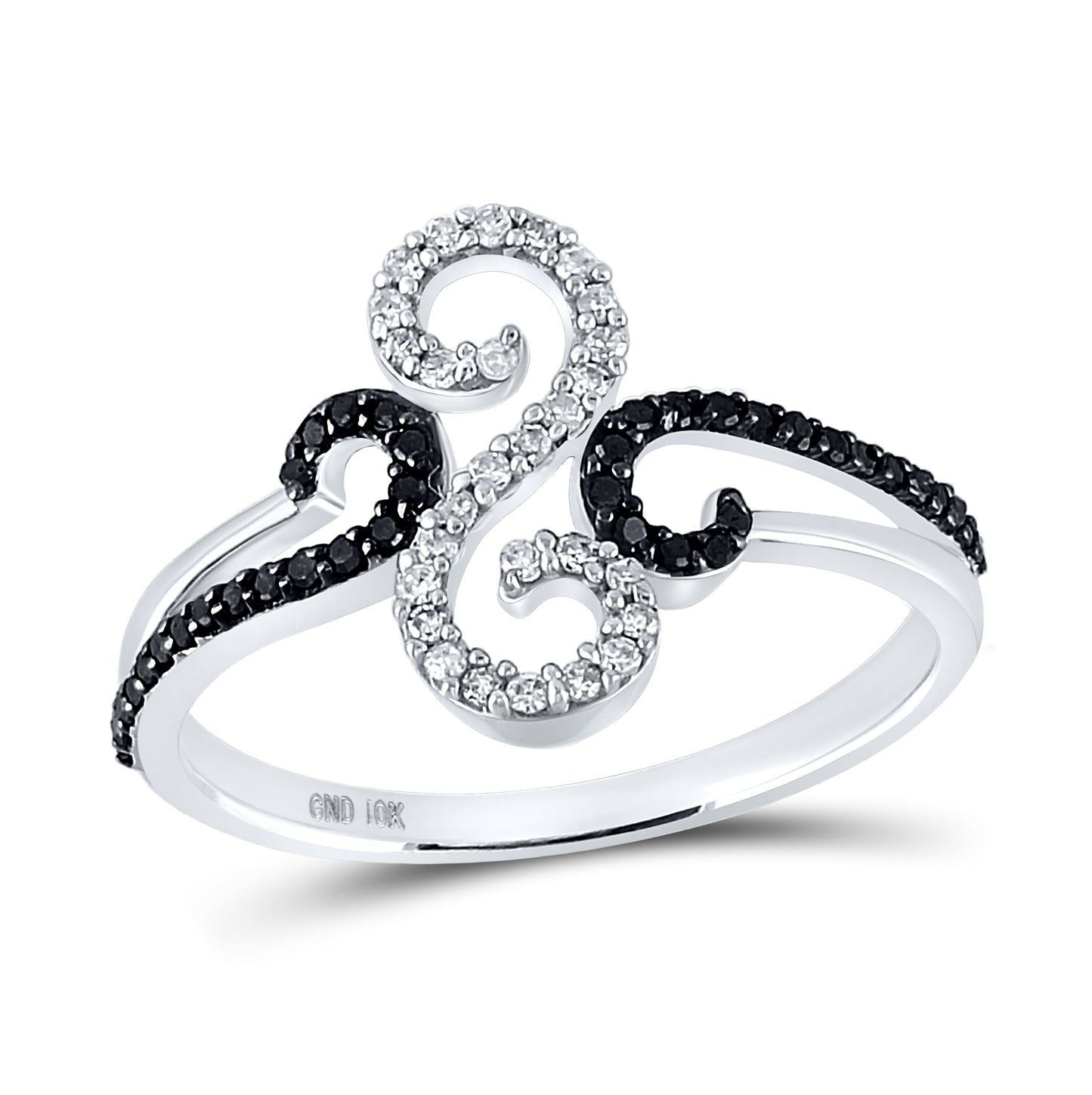 10K White Gold Womens Round Black Color Enhanced Diamond Swirl Ring 1/5 Cttw, Womens Size: 5-10