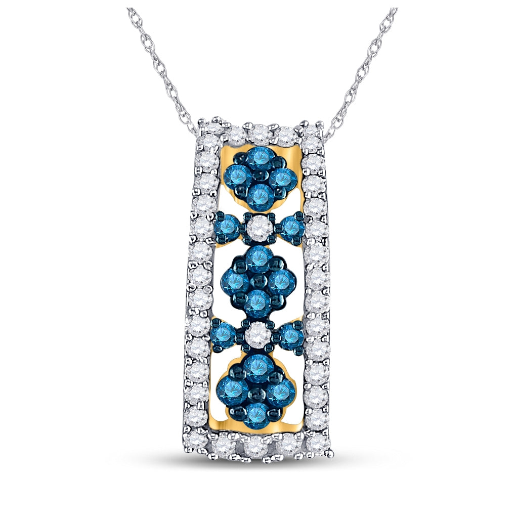 10kt Yellow Gold Womens Round Blue Color Enhanced Diamond Cluster Vertical Pendant 1/2 Cttw