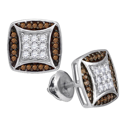 10kt White Gold Womens Round Brown Diamond Square Cluster Earrings 1/2 Cttw