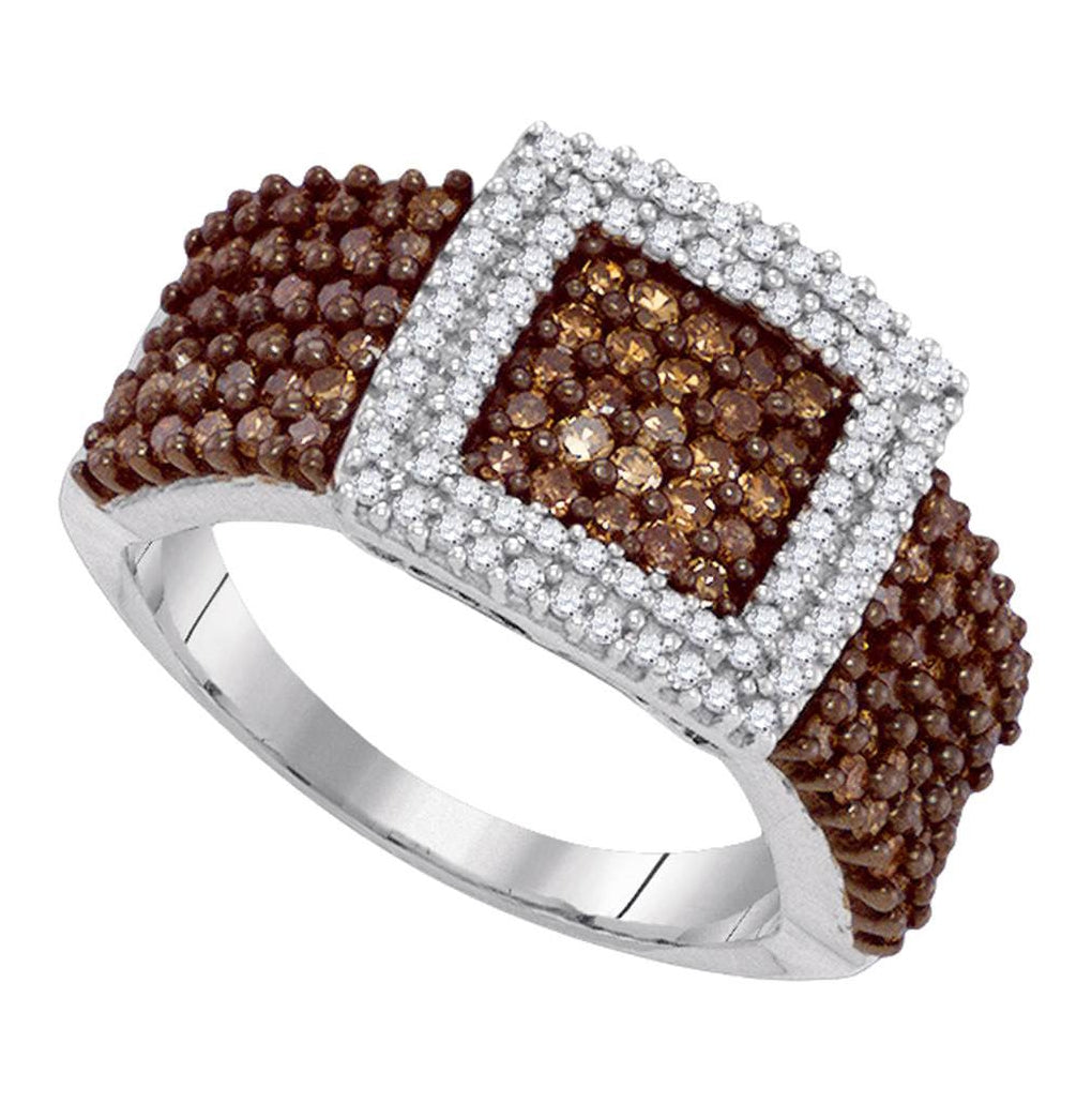 10kt White Gold Womens Round Brown Diamond Square Cluster Ring 1.00ctw