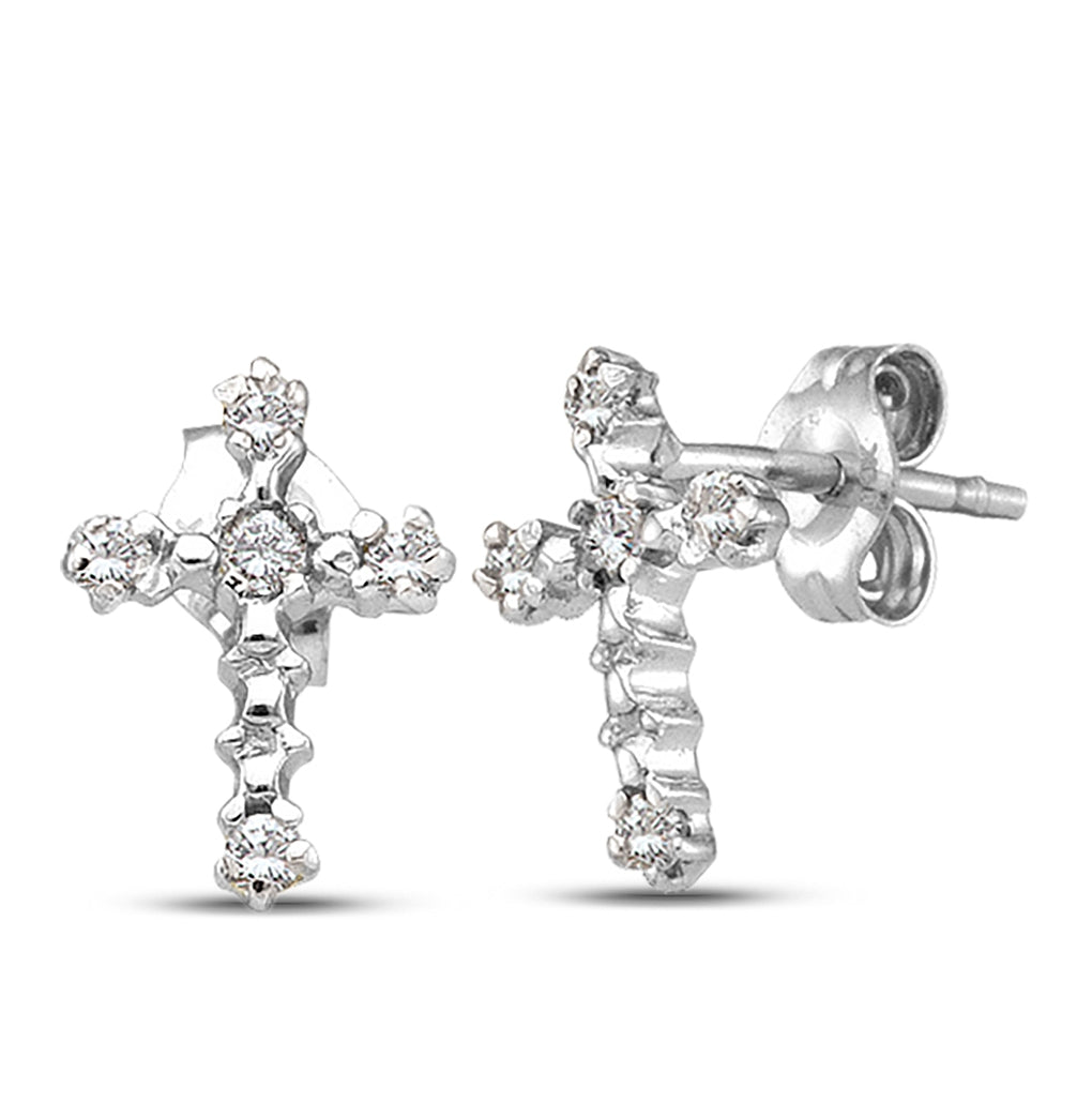 10K Yellow Or White Gold Womens Round Diamond Cross Earrings 1/20 Cttw