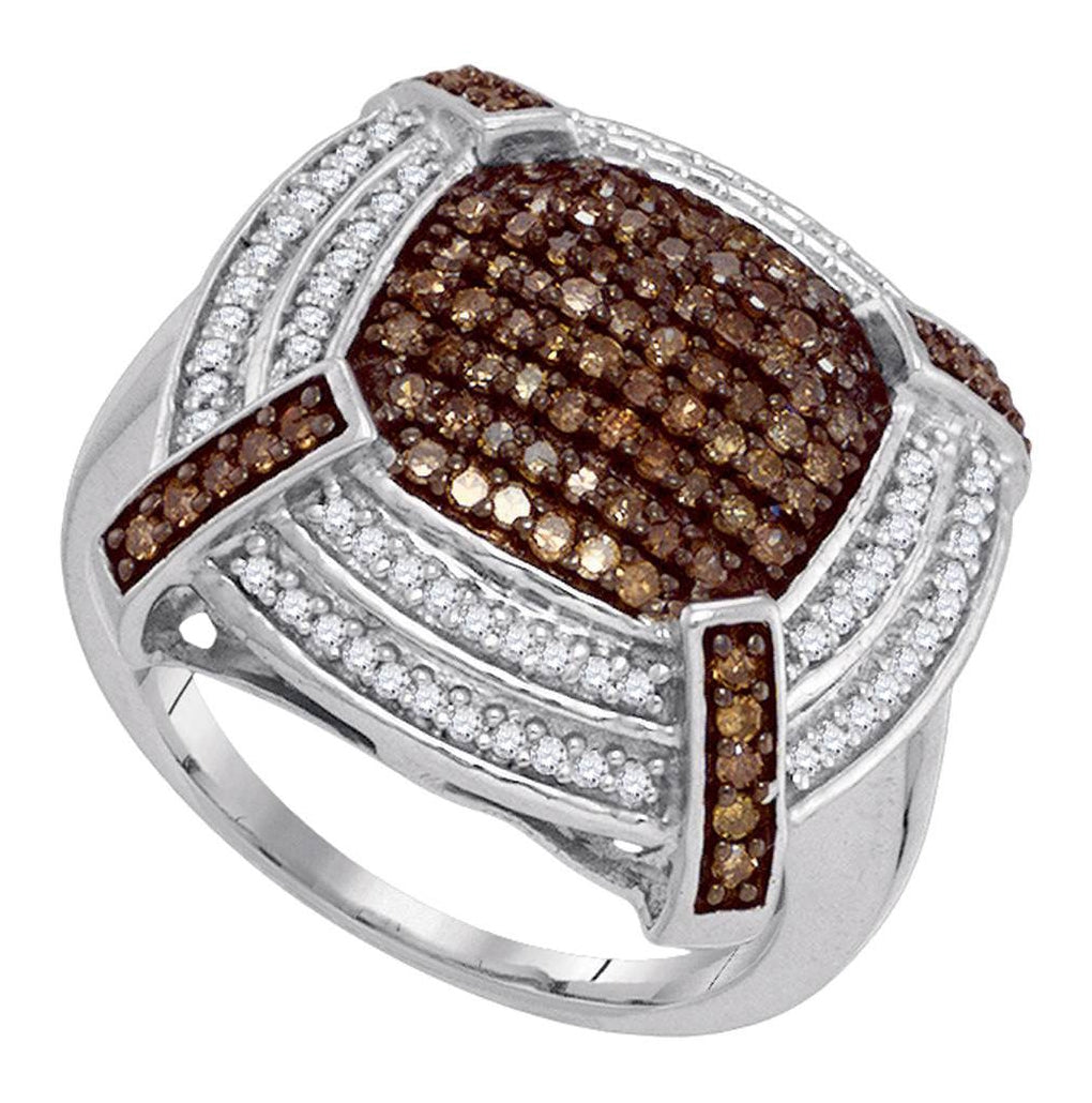 10kt White Gold Womens Round Brown Diamond Square Cluster Ring 3/4 Cttw