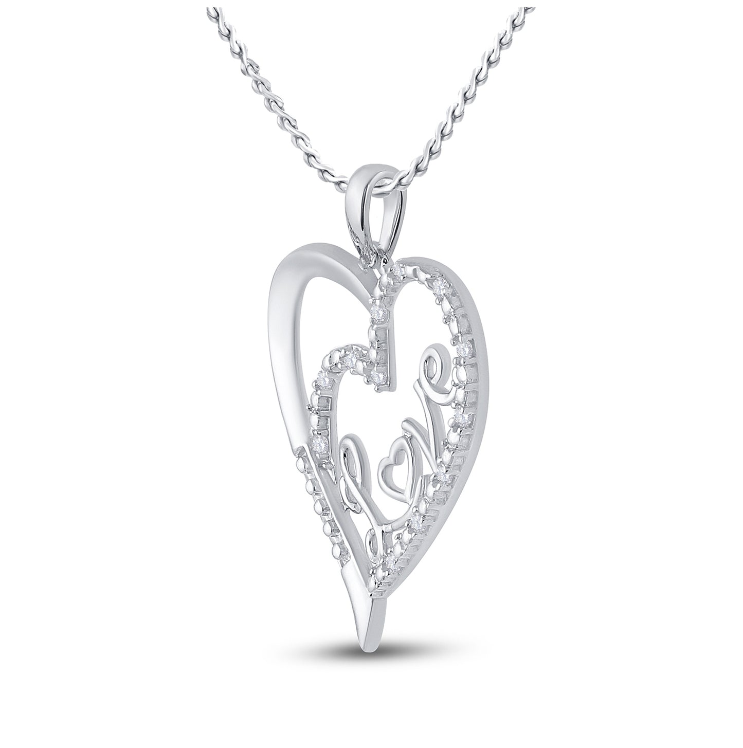 Sterling Silver Womens Round Diamond Love Heart Pendant 1/10ctw, Length: 1.28 Inch Width: 0.98 Inch