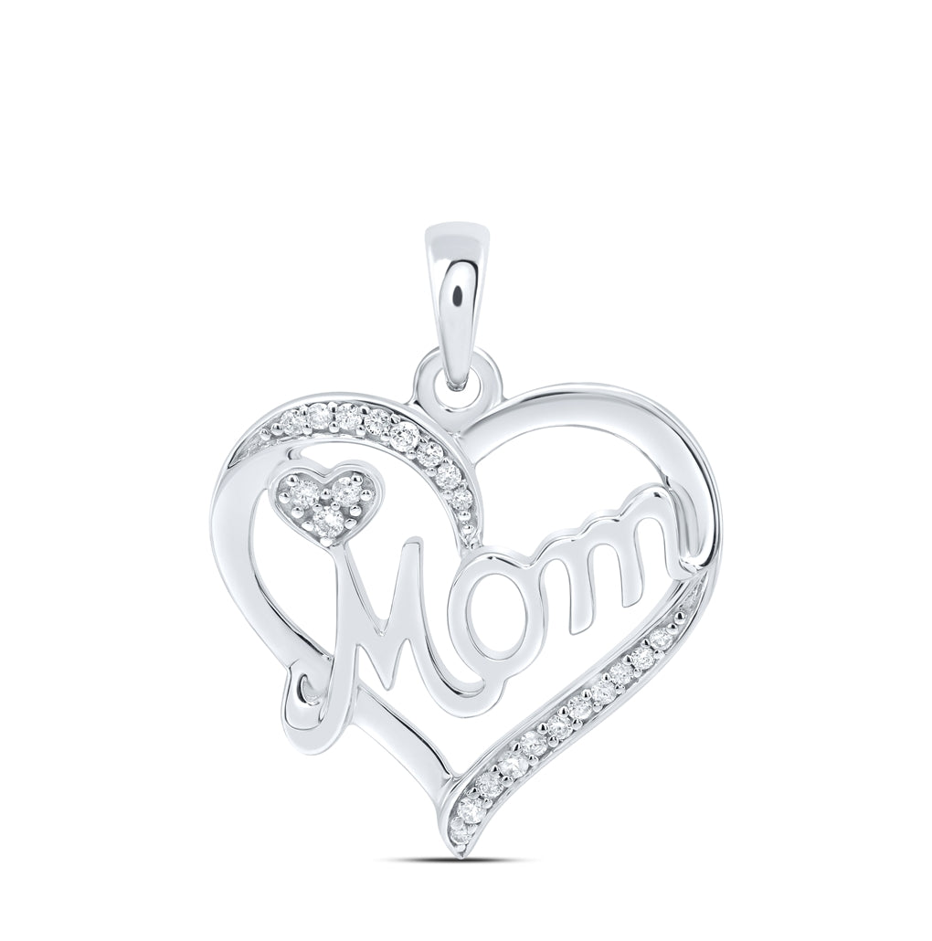 Sterling Silver Womens Round Diamond Mom Heart Pendant 1/10ctw