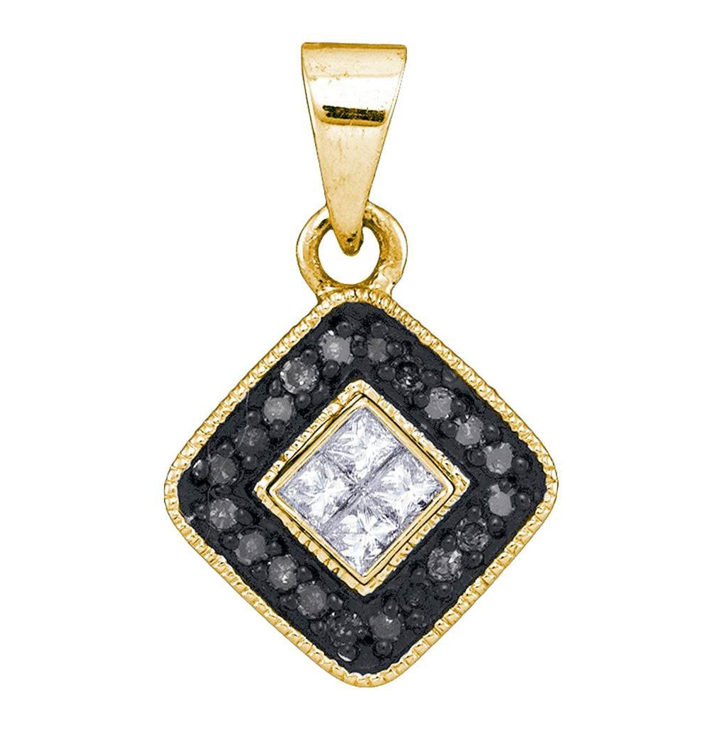 10kt Yellow Gold Womens Round Black Color Enhanced Diamond Diagonal Square Pendant 1/5 Cttw