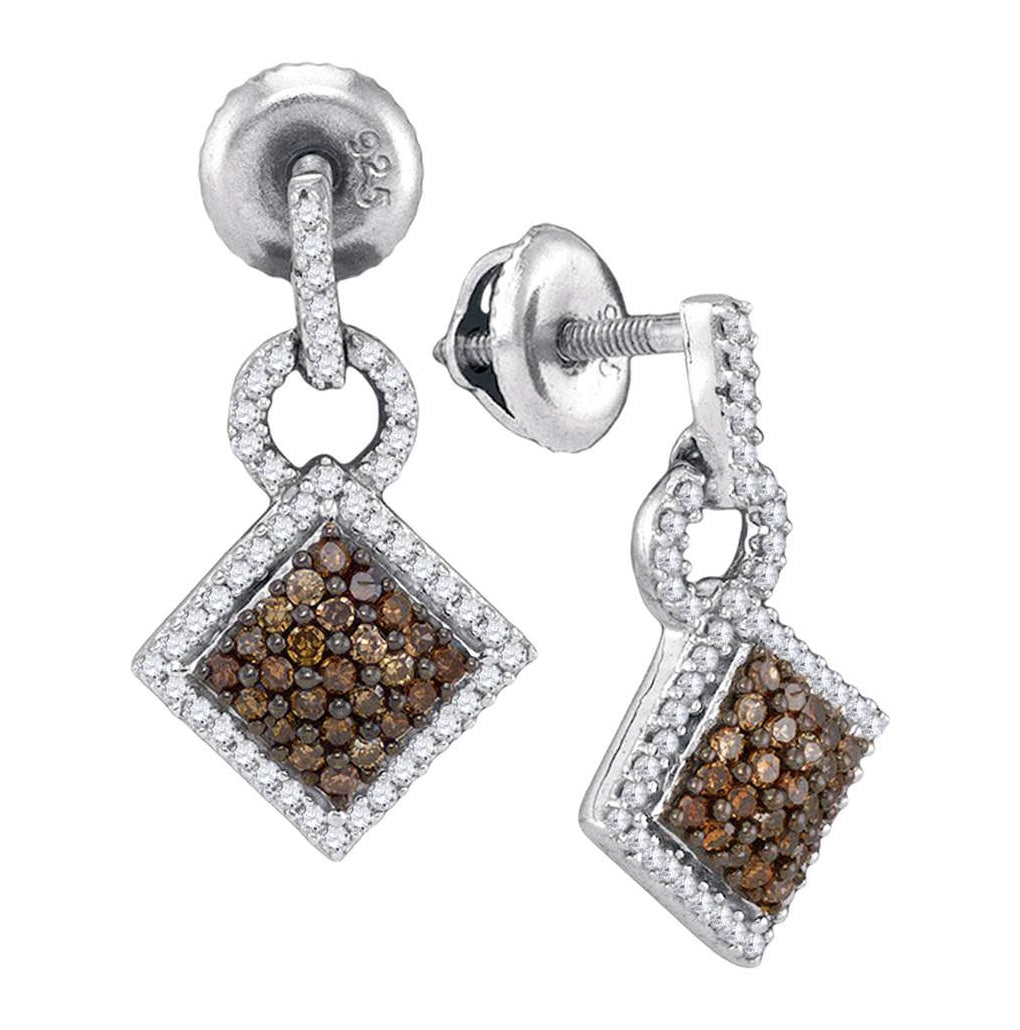 10kt White Gold Womens Round Brown Diamond Diagonal Square Dangle Earrings 1/2 Cttw