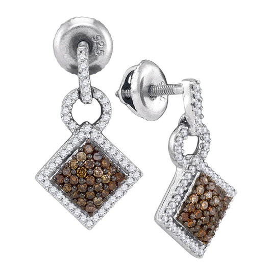 10kt White Gold Womens Round Brown Diamond Diagonal Square Dangle Earrings 1/2 Cttw