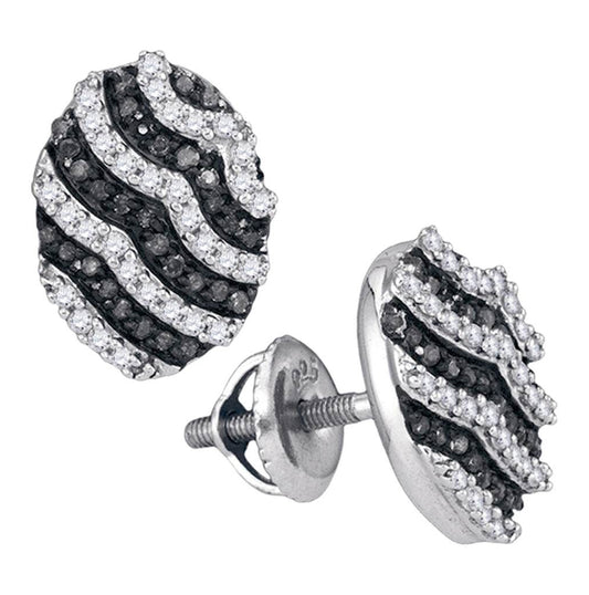 10kt White Gold Womens Round Black Color Enhanced Diamond Oval Stripe Cluster Earrings 1/2 Cttw