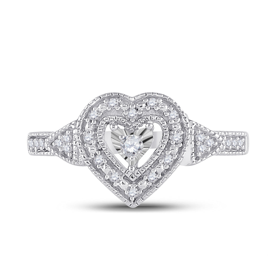 Sterling Silver Womens Round Diamond Heart Ring 1/8 Cttw, Womens Size: 5-10