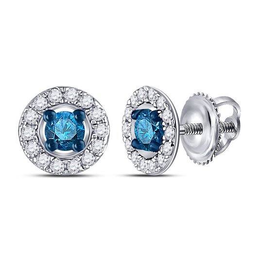 10kt White Gold Womens Round Blue Color Enhanced Diamond Stud Earrings 1/3 Cttw