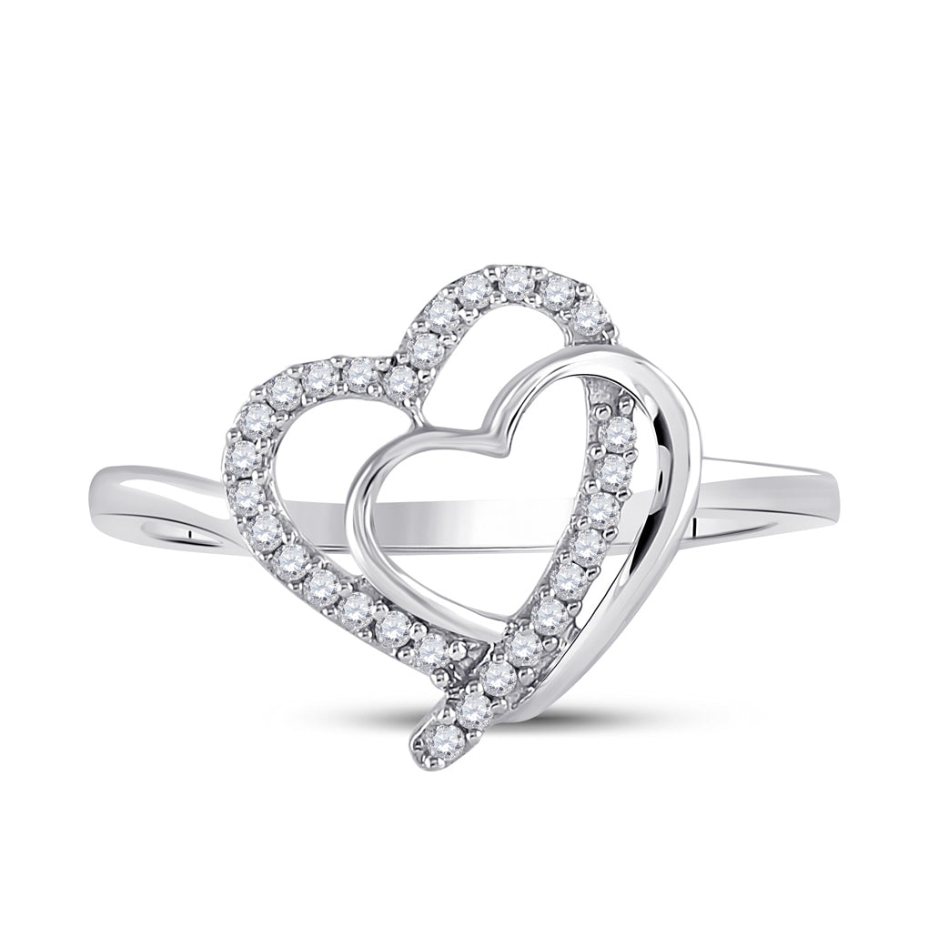 Sterling Silver Womens Round Diamond Double Heart Ring 1/6 Cttw, Womens Size: 5-10