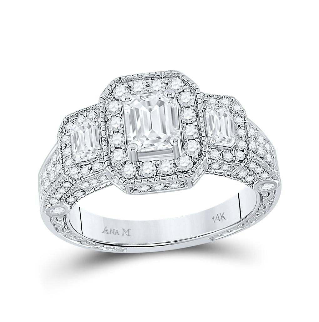 14K White Gold Emerald Diamond 3-stone Bridal Wedding Engagement Ring 2 Cttw, Womens Size: 5-10