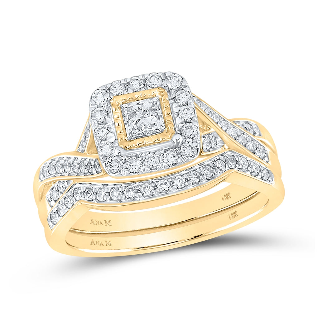 14K Yellow Gold Princess Diamond Halo Bridal Wedding Ring Band Set 5/8 Cttw, Womens Size: 5-10