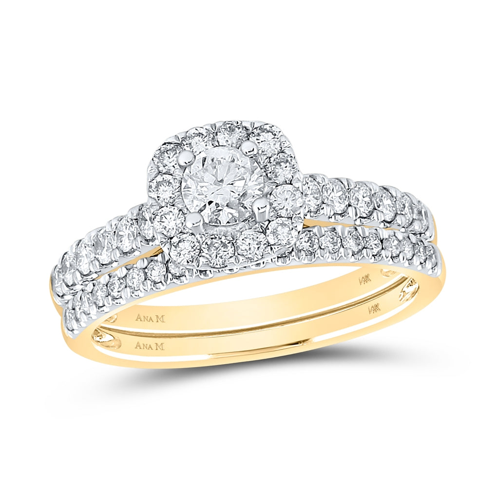 14K Yellow Gold Round Diamond Halo Bridal Wedding Band Set 1 ctw, Women's Sz: 5-10