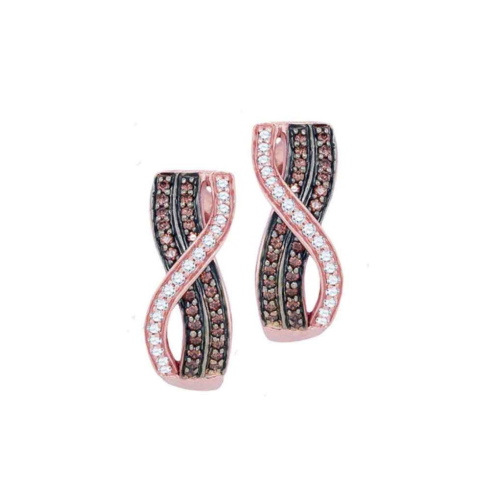 10kt Rose Gold Womens Round Brown Diamond Vertical Crossover Stripe Hoop Earrings 1/2 Cttw
