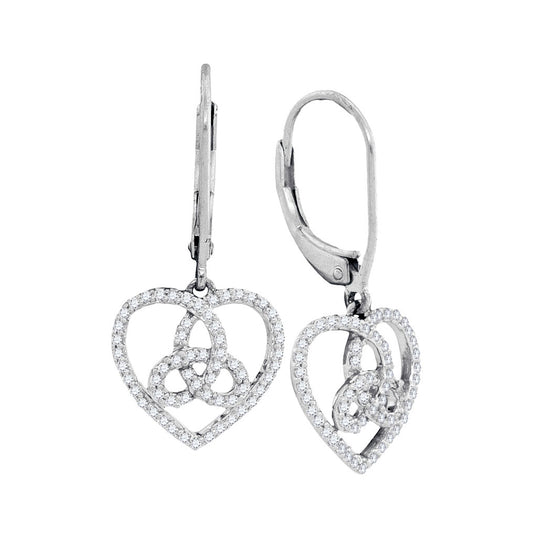 10kt White Gold Womens Round Diamond Triquetra Heart Trinity Dangle Earrings 1/5 Cttw