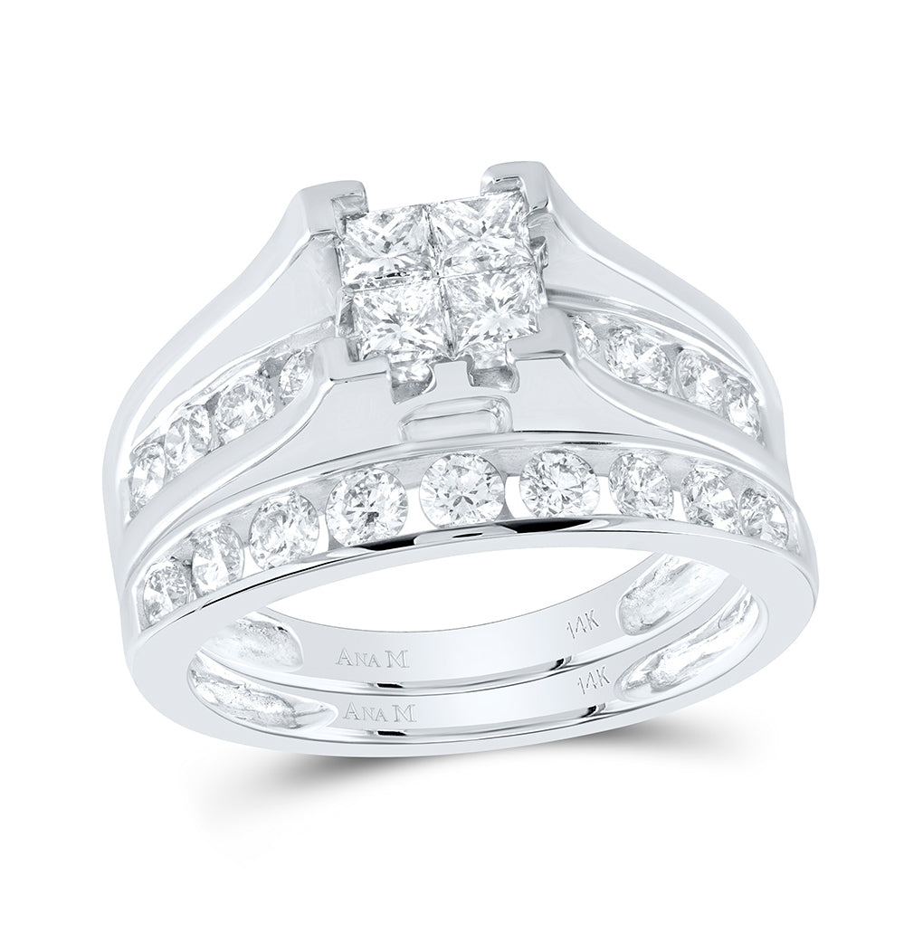 14K White Gold Princess Diamond Bridal Wedding Ring Band Set 1-1/2 Cttw, Womens Size: 5-10