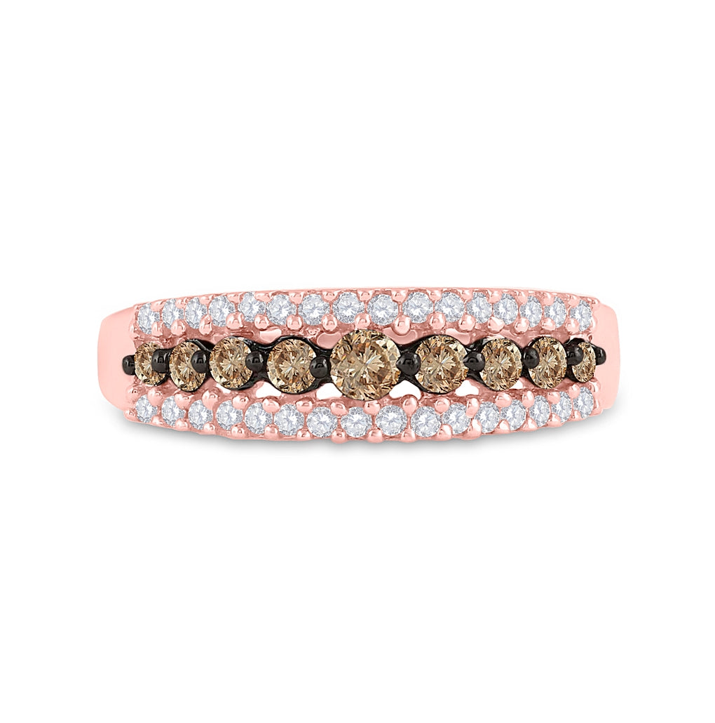 14K Rose Gold Womens Round Brown Diamond Triple Row Band Ring 1/2 Cttw, Womens Size: 5-10