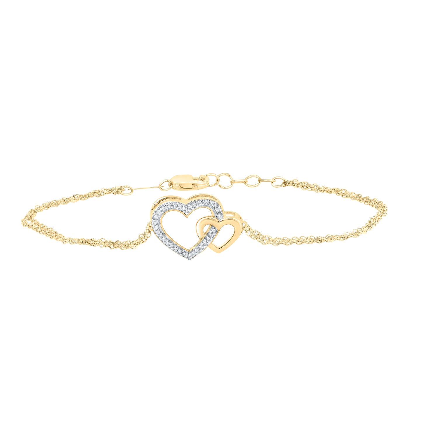 10K Yellow Gold Womens Round Diamond Double Heart Bracelet 1/10 Cttw