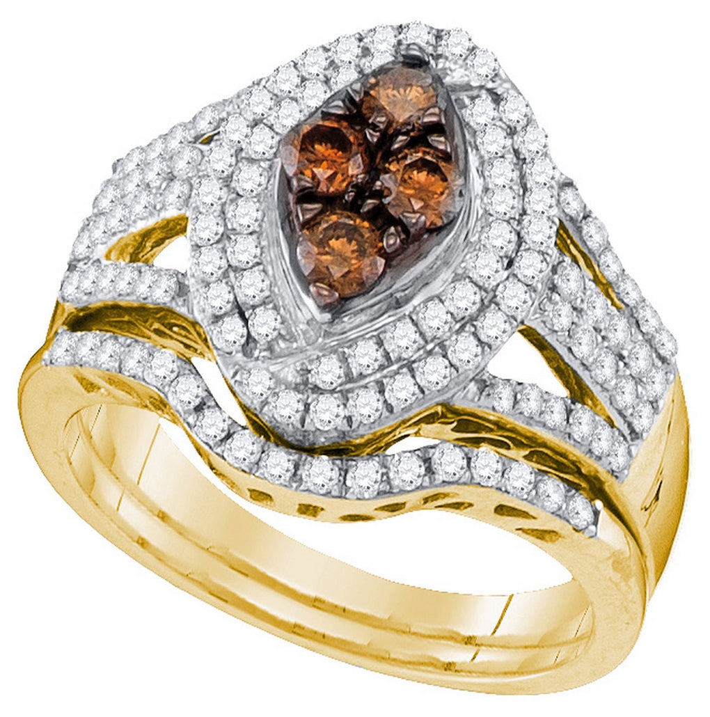 10kt Yellow Gold Womens Round Brown Diamond Bridal Wedding Engagement Ring Band Set 1.00ctw