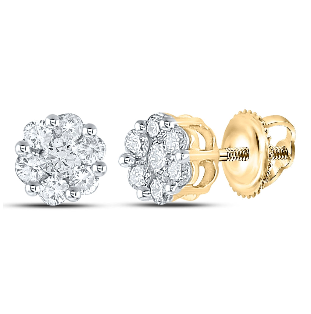14K White Or Yellow Gold Womens Round Diamond Flower Cluster Earrings