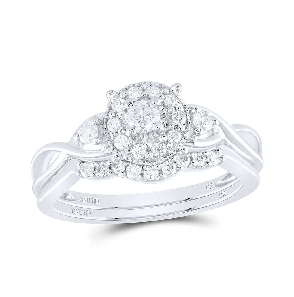 10k White Gold Round Diamond Cluster Bridal Wedding Ring Band Set 1/3ctw, Womens Size: 5-10