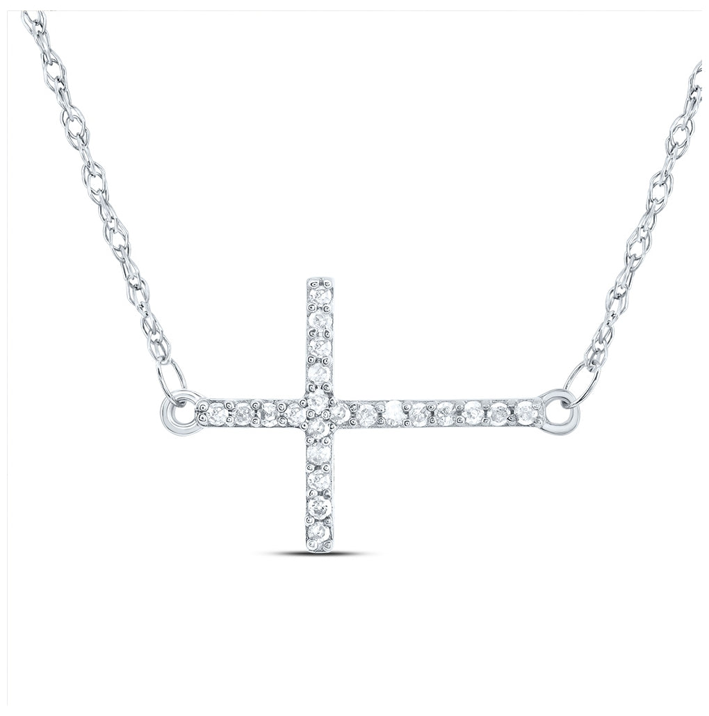 10K White Gold Womens Round Diamond Horizontal Cross Necklace 1/20 Cttw, Length: 17.5 In, Width: 0.61 In
