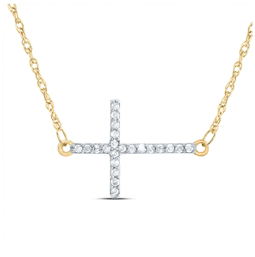 10K Yellow Gold Womens Round Diamond Horizontal Cross Necklace 1/20 Cttw, Length: 17.99 In, Width: 0.61 In
