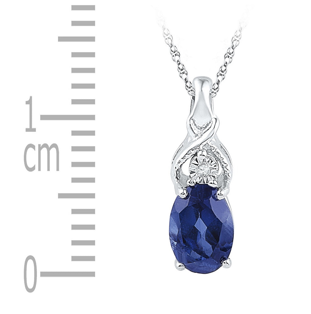 10K White Gold Womens Oval Synthetic Blue Sapphire Solitaire Diamond Pendant 7/8 Cttw