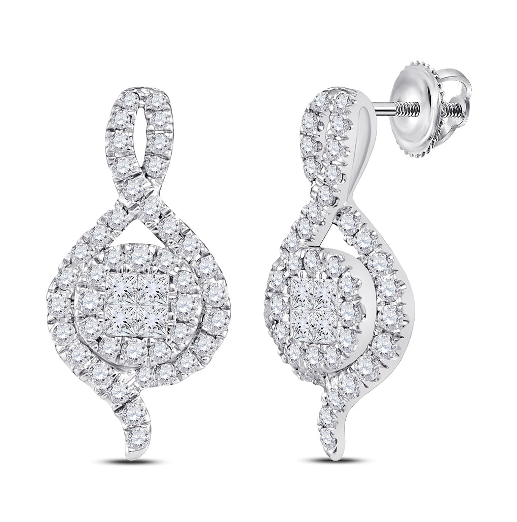 14K White Gold Womens Princess Round Diamond Cluster Earrings 1/2 Cttw