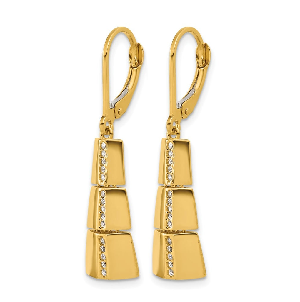 14k Yellow Gold Polished Cubic Zirconia Tapered Dangle Leverback Earrings