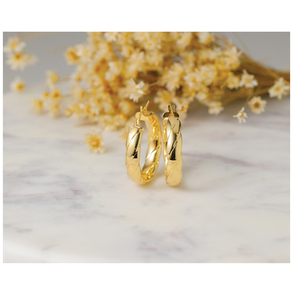 14k Yellow Gold Polished and Grooved Hoop Earrings