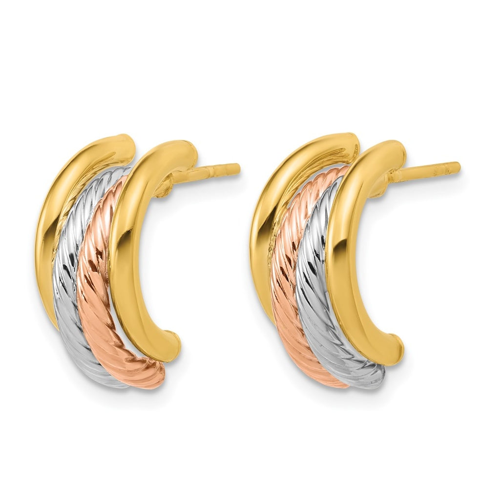 14k Yellow Gold w/Rhod/Rose Gold-plat Polished/Twisted J-Hoop Post Earrings