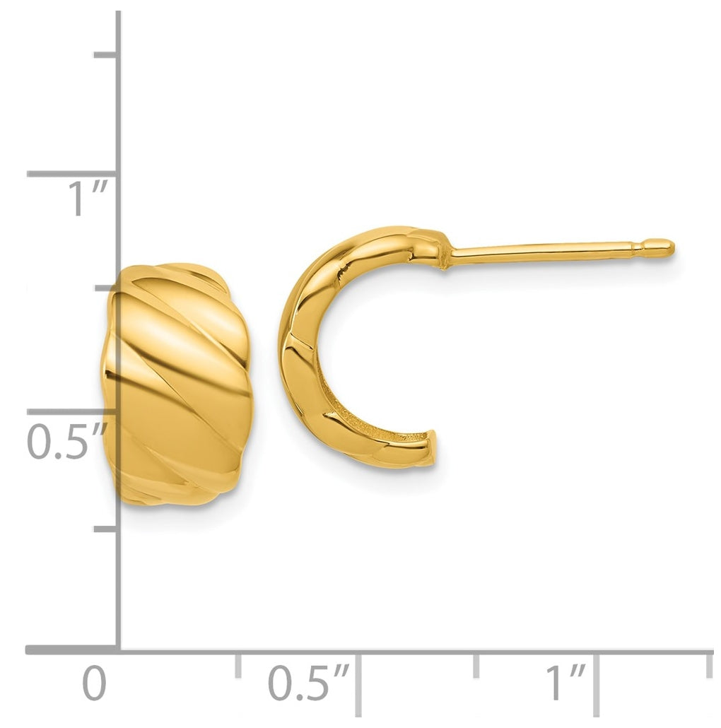 14k Yellow Gold Polished and Grooved J-Hoop Post Earrings