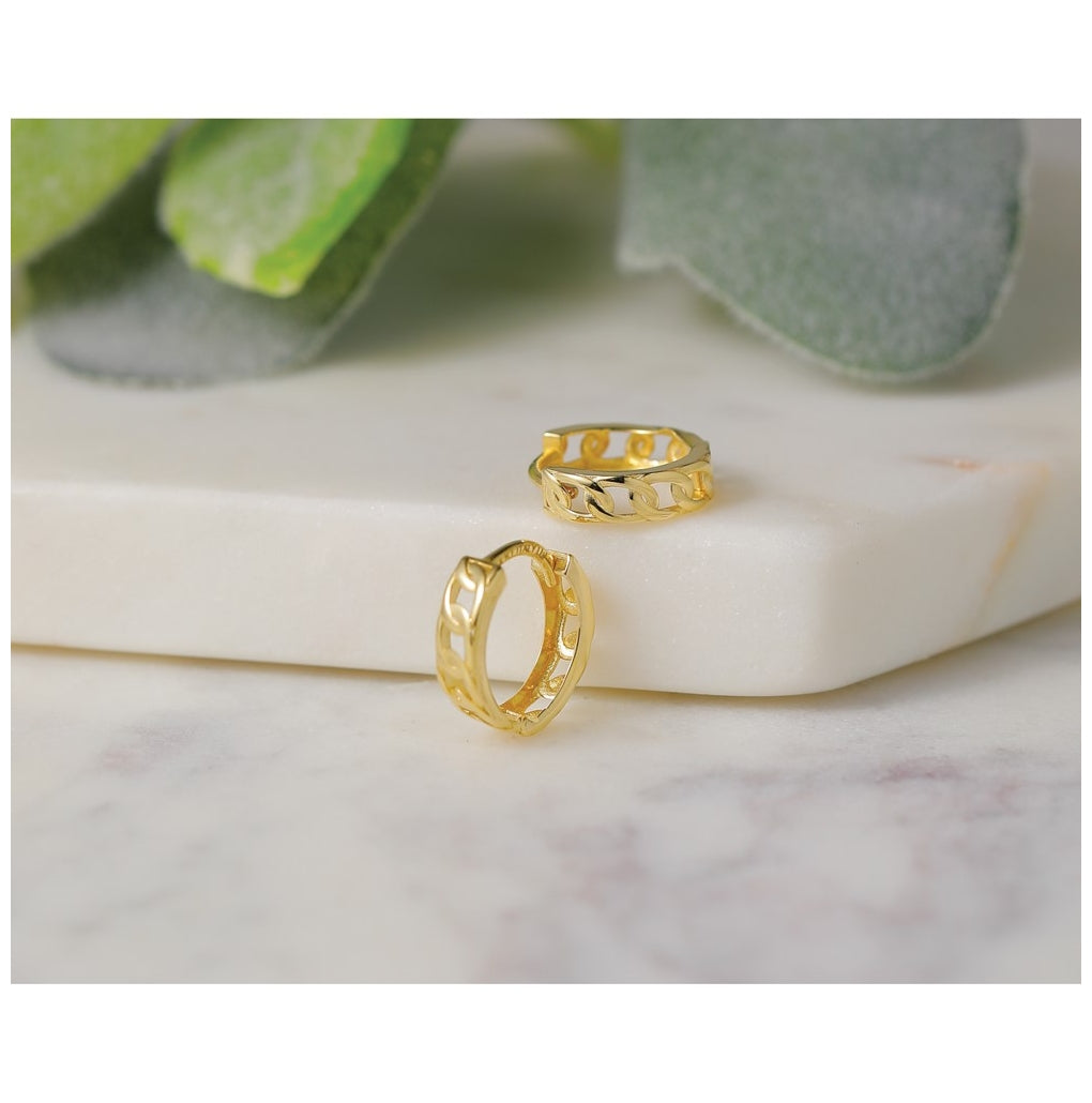 14k Yellow Gold Polished Link Pattern Huggie Hoop Earrings