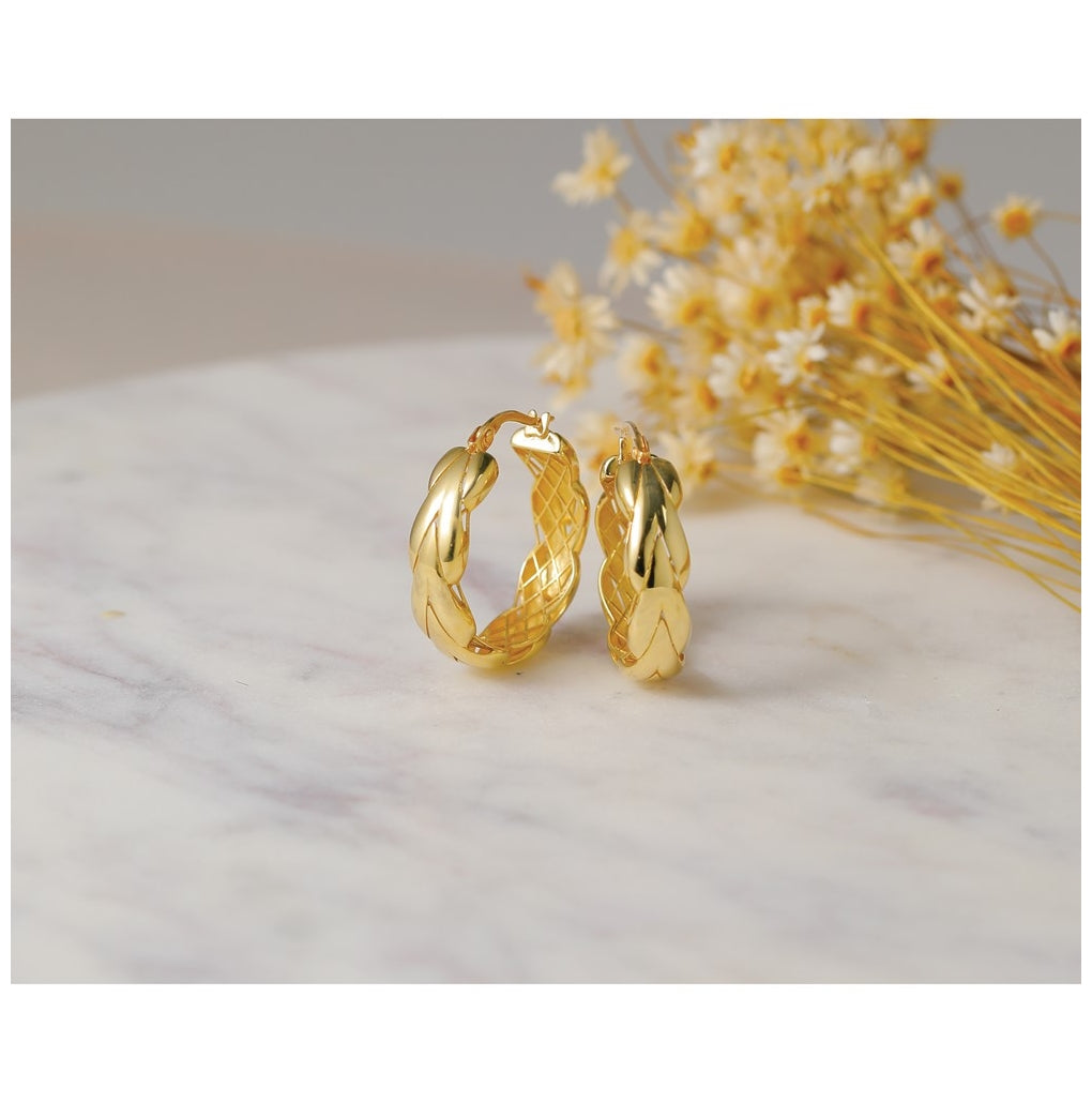 14k Yellow Gold Polished and Grooved Fancy Hoop Earrings