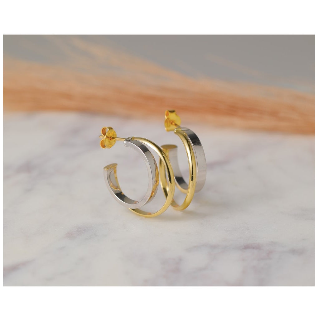 14k Yellow Gold w/Rhodium Polished 2-Row J-Hoop Post Earrings