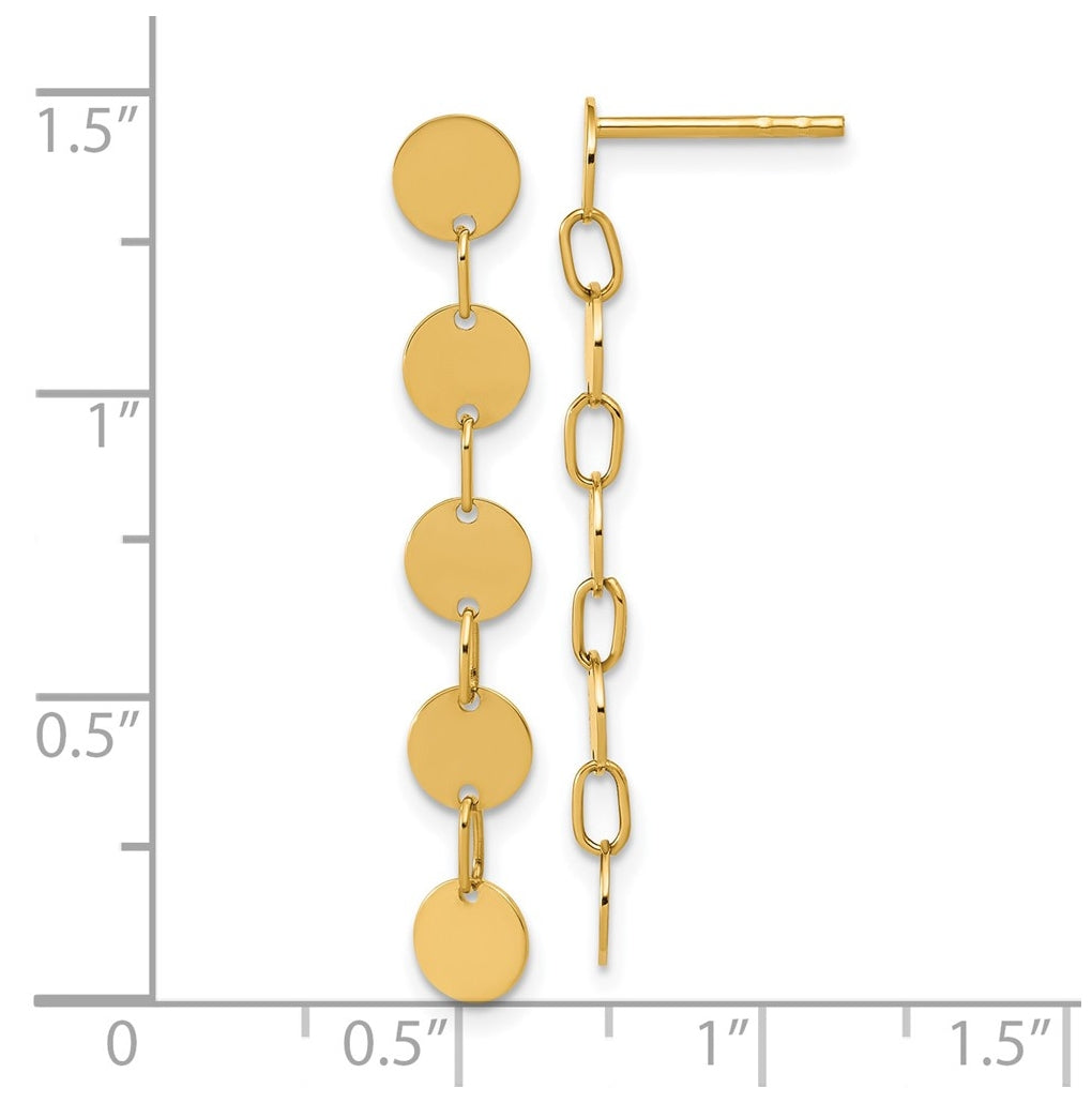 14k Yellow Gold Polished Circle Disk Dangle Post Earrings