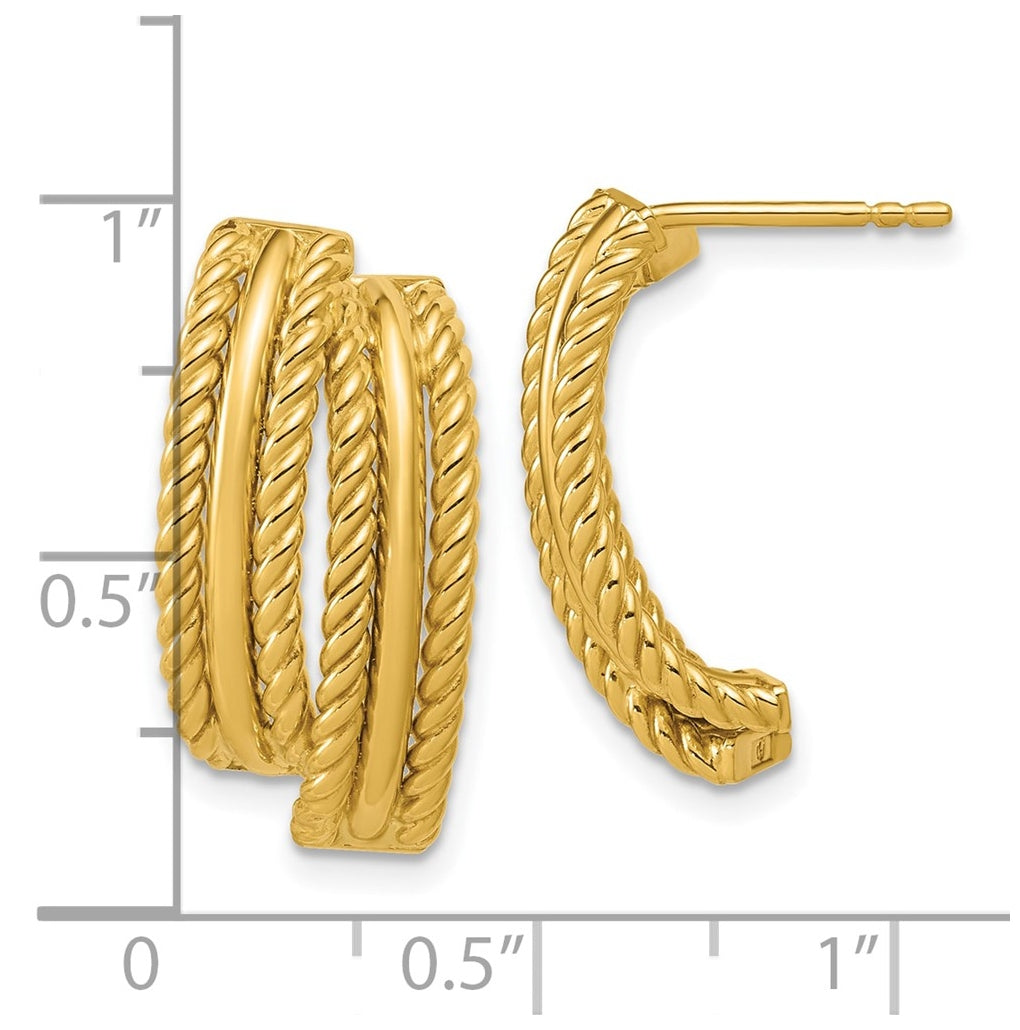 14k Yellow Gold Polished and Twisted J-Hoop Post Earrings