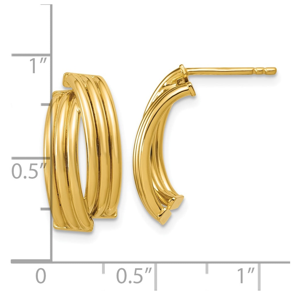 14k Yellow Gold Polished and Grooved J-Hoop Post Earrings