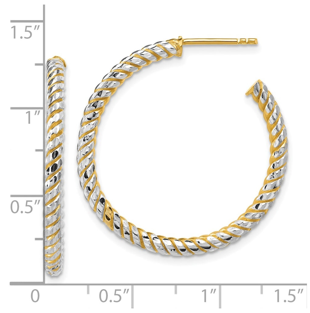 14k Yellow Gold w/Rhodium Polished and Diamond-cut J-Hoop Earrings