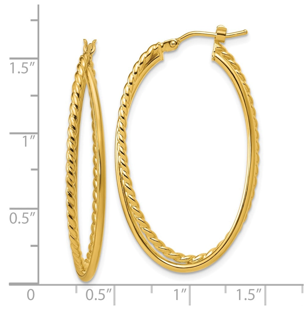 14k Yellow Gold Polished and Twisted Criss-cross Oval Hoop Earrings